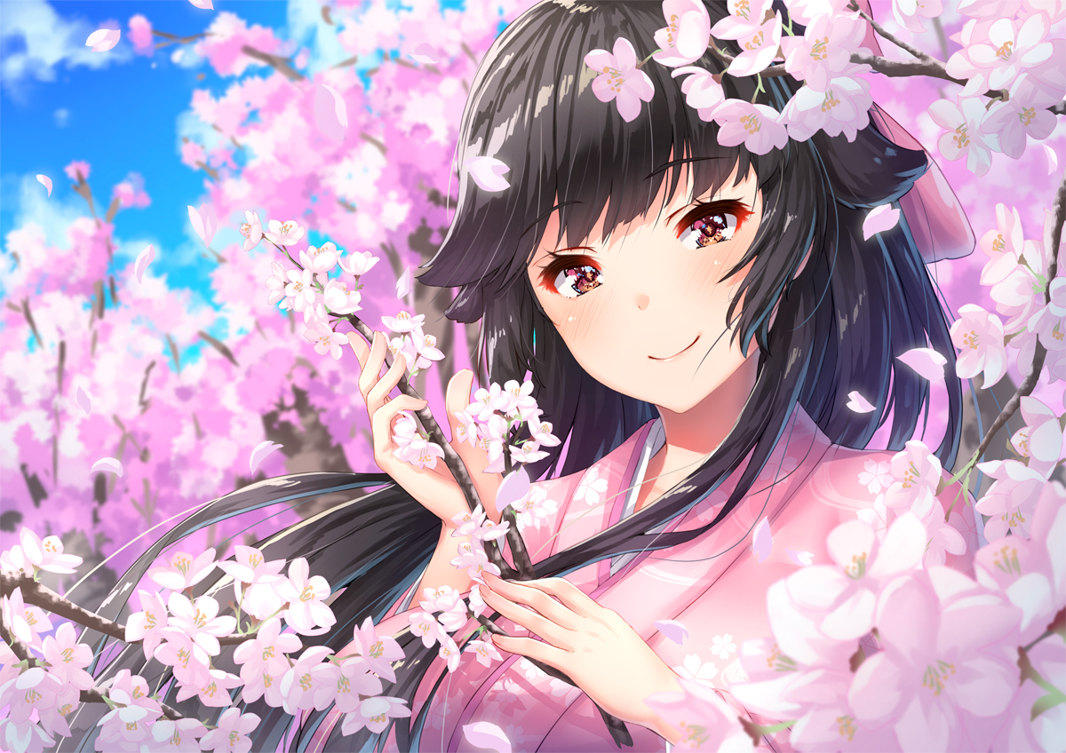 anthropomorphism, azur_lane, black_hair, blush, cherry_blossoms, close, flowers, japanese_clothes