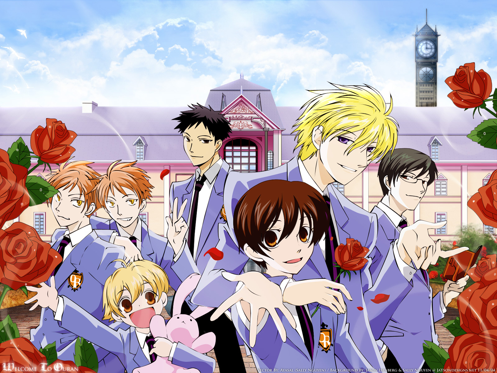 bunny, fujioka_haruhi, haninozuka_mitsukuni, hitachiin_hikaru, hitachiin_kaoru, morinozuka_takashi, ootori_kyoya, ouran_koukou_host_club