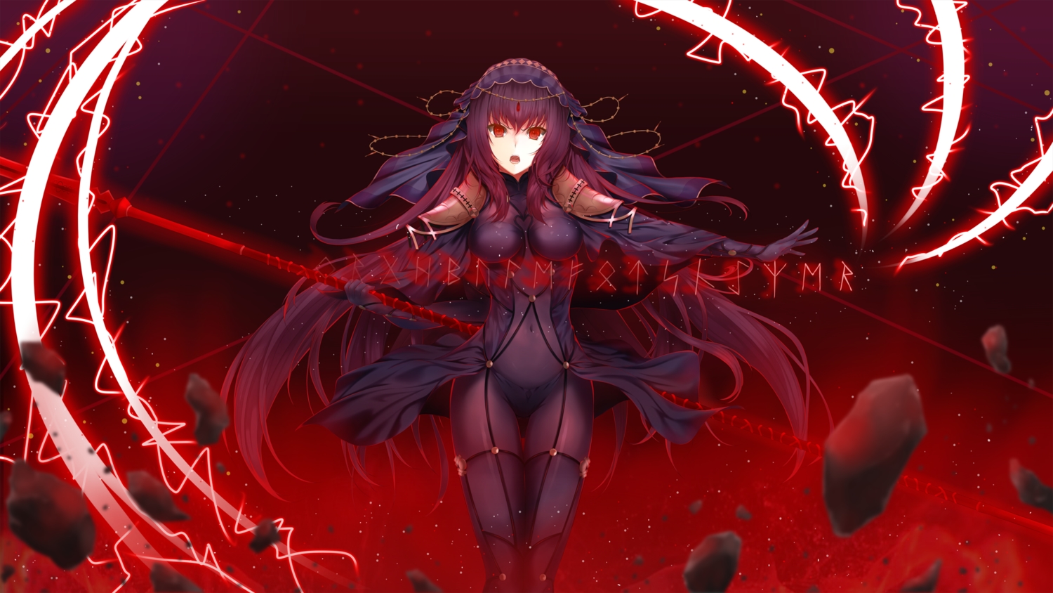bodysuit, fate/grand_order, fate_(series), hajikaji, long_hair, navel, purple_hair, red_eyes, scathach_(fate/grand_order), spear, weapon