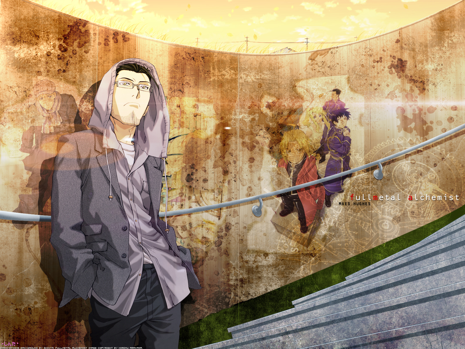 alphonse_elric, edward_elric, fullmetal_alchemist, jean_havoc, maes_hughes, roy_mustang, winry_rockbell