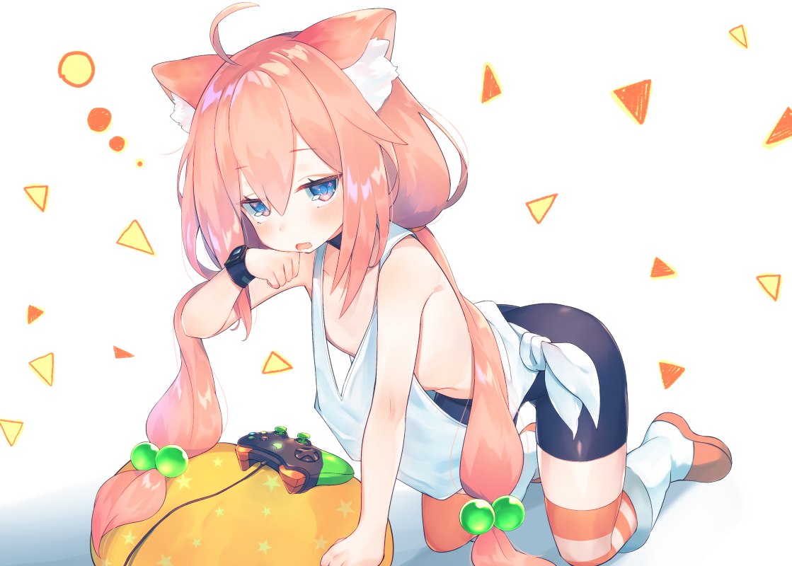 aliasing, animal_ears, bike_shorts, boots, catgirl, game_console, hinata_channel, long_hair