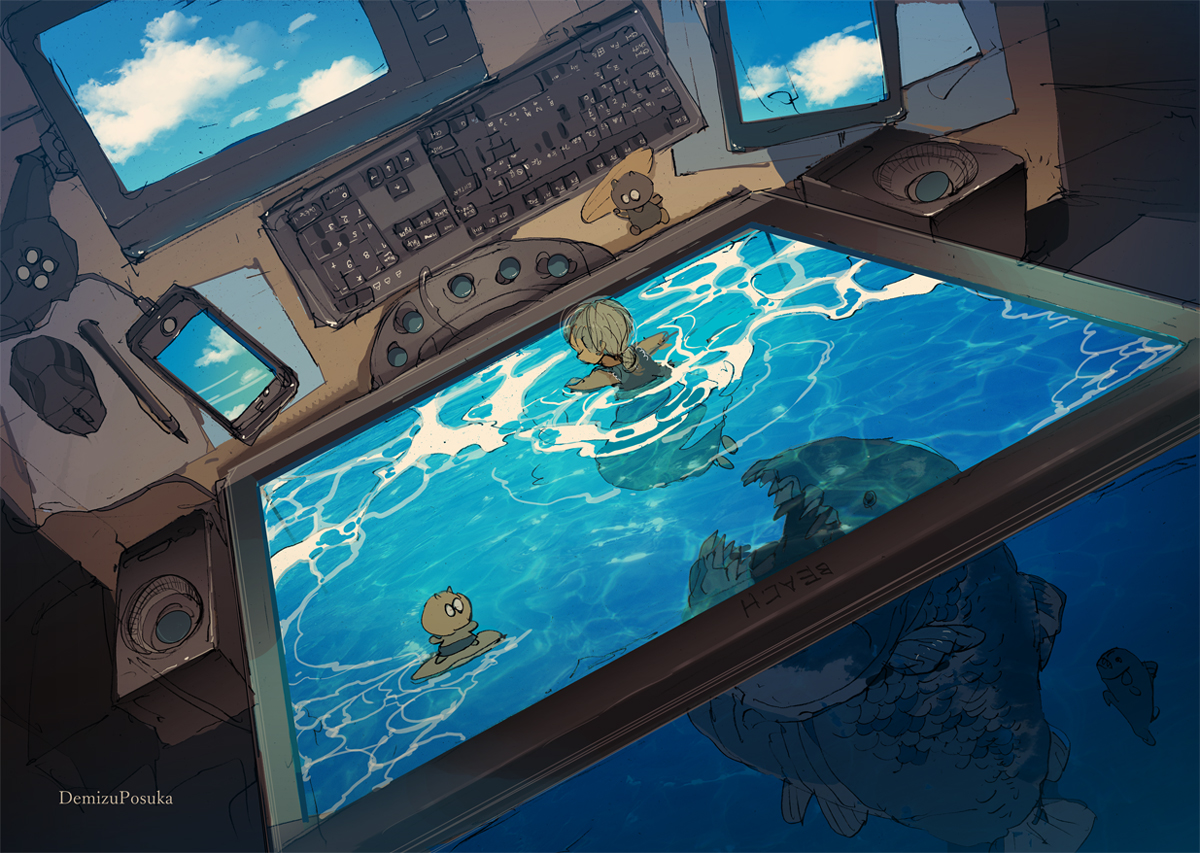 animal, blonde_hair, clouds, computer, demizu_posuka, dress, fish, loli, original, phone, sky, summer_dress, underwater, water, watermark