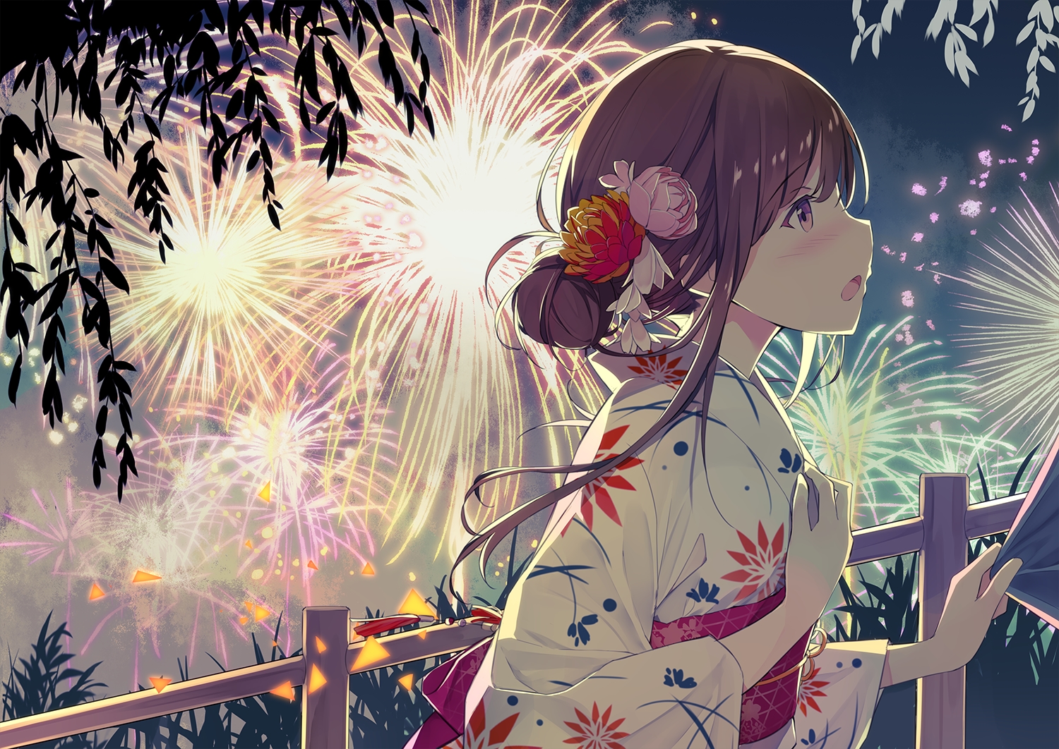 ashima_(roro046), blush, brown_hair, close, fireworks, japanese_clothes, original, sky