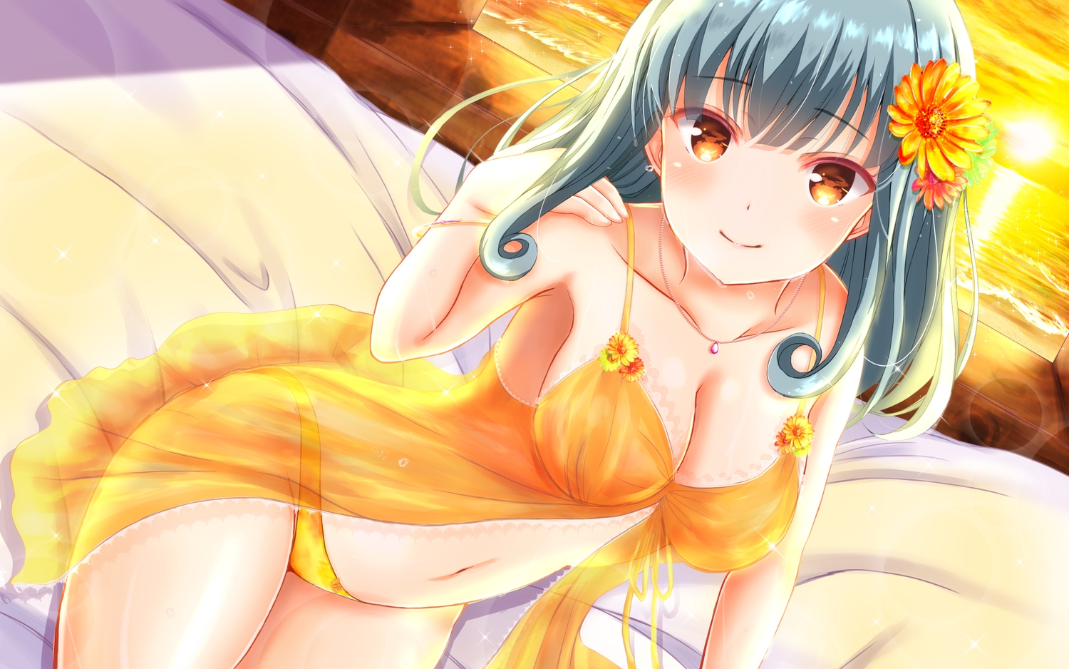 bed, breasts, cleavage, clouds, flowers, girlfriend_(kari), gray_hair, long_hair