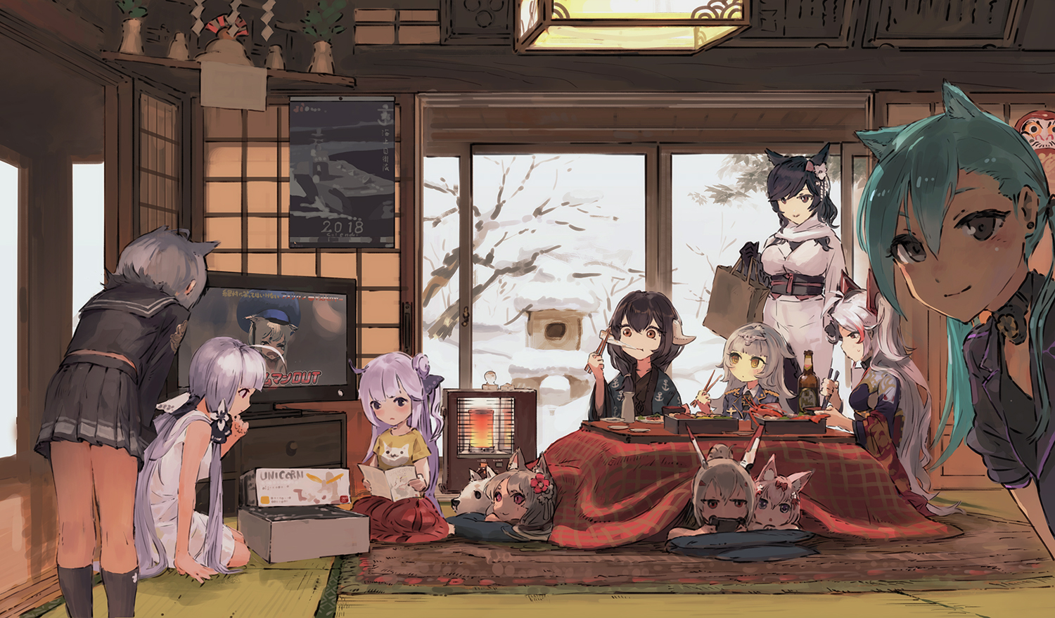 animal_ears, anthropomorphism, aoba_(azur_lane), atago_(azur_lane), ayanami_(azur_lane), azur_lane, catgirl, doggirl, food, group, hammann_(azur_lane), illustrious_(azur_lane), kisaragi_(azur_lane), kotatsu, loli, maya_(azur_lane), mikasa_(azur_lane), mobile_suit_gundam, prinz_eugen_(azur_lane), rias-coast, snow, unicorn_(azur_lane), winter, yuudachi_(azur_lane), z46_(azur_lane)