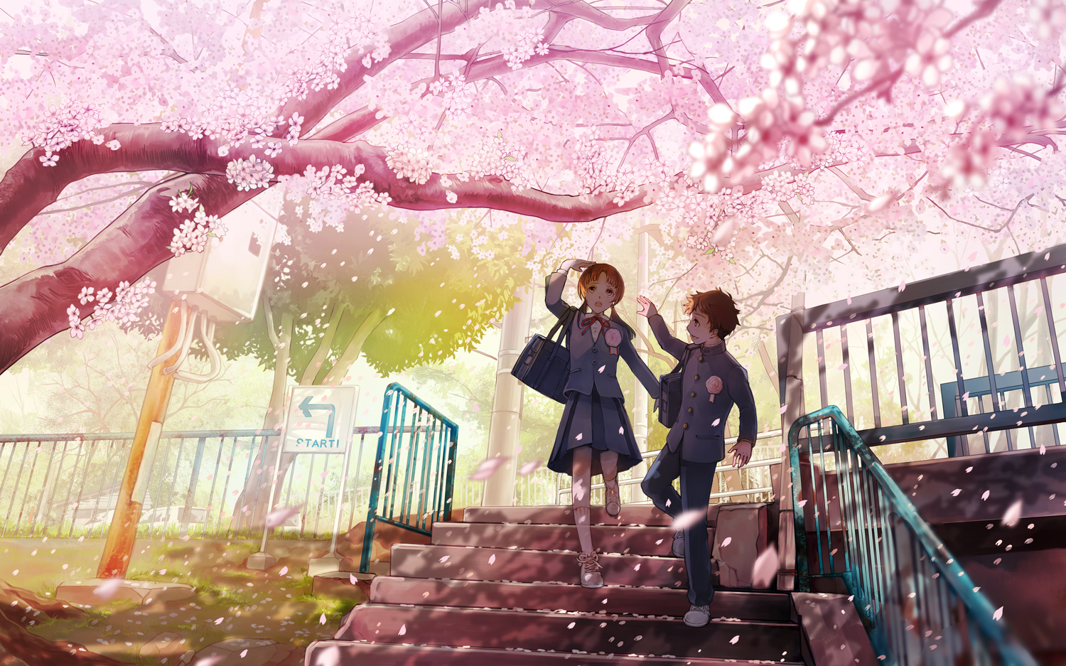 cherry_blossoms, flowers, male, na_(sodium), original, petals, school_uniform, stairs
