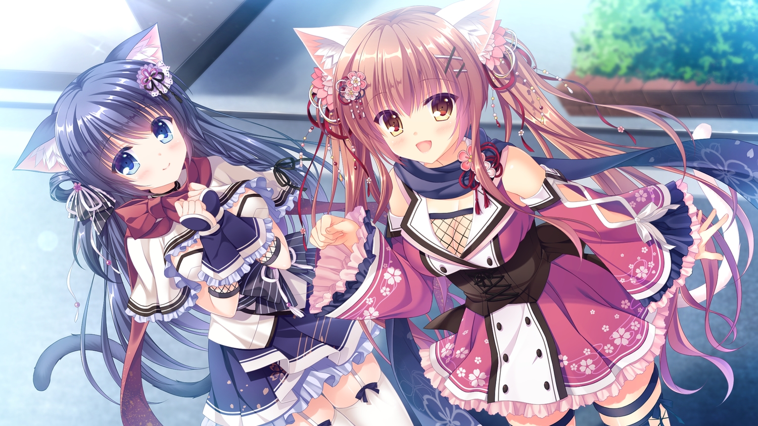 2girls, animal_ears, catgirl, fuuma_tama, fuuma_yura, game_cg, japanese_clothes, neko-nin_exheart