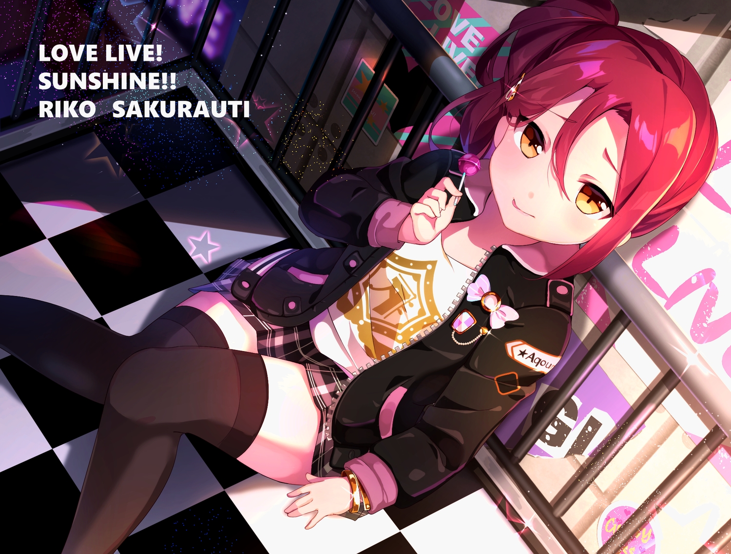 book, candy, goroo_(eneosu), lollipop, love_live!_school_idol_project, love_live!_sunshine!!, ponytail, red_hair