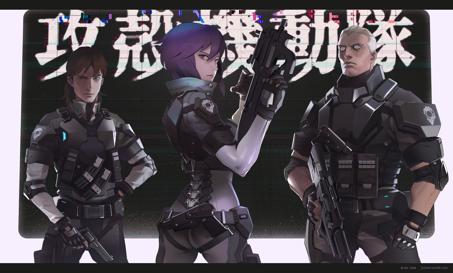 armor, batou, brown_eyes, brown_hair, ghost_in_the_shell, gloves, gun, jn3