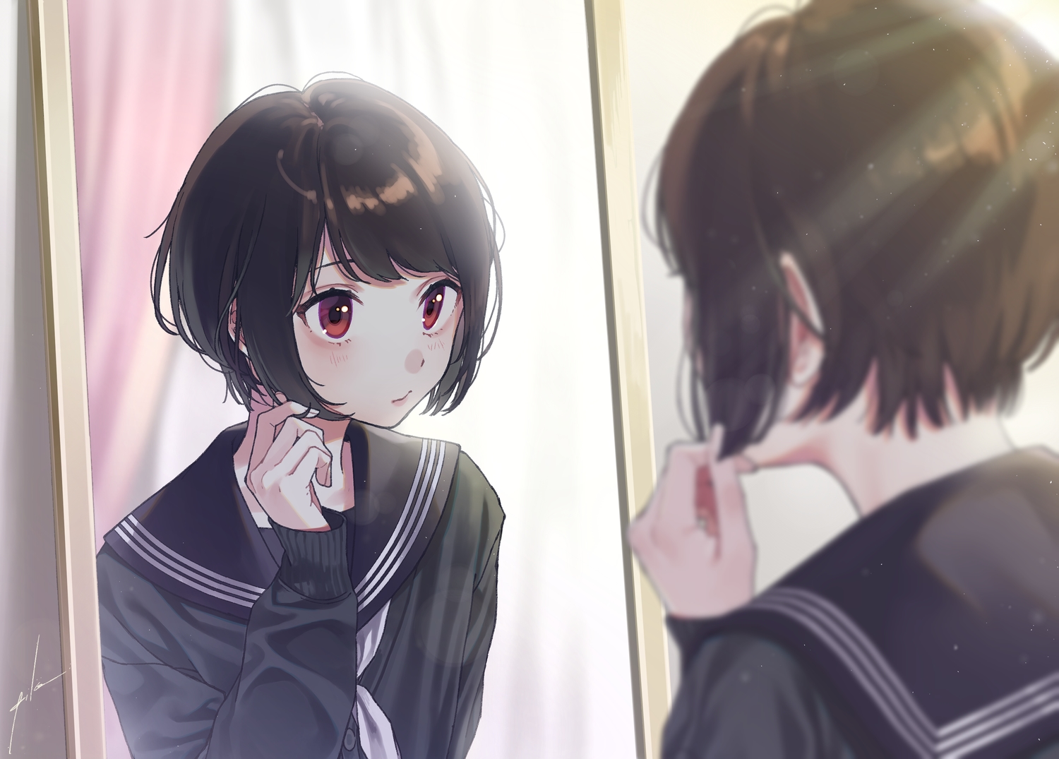 aiko_(aiko_54), brown_hair, mirror, original, red_eyes, reflection, school_uniform, short_hair, signed