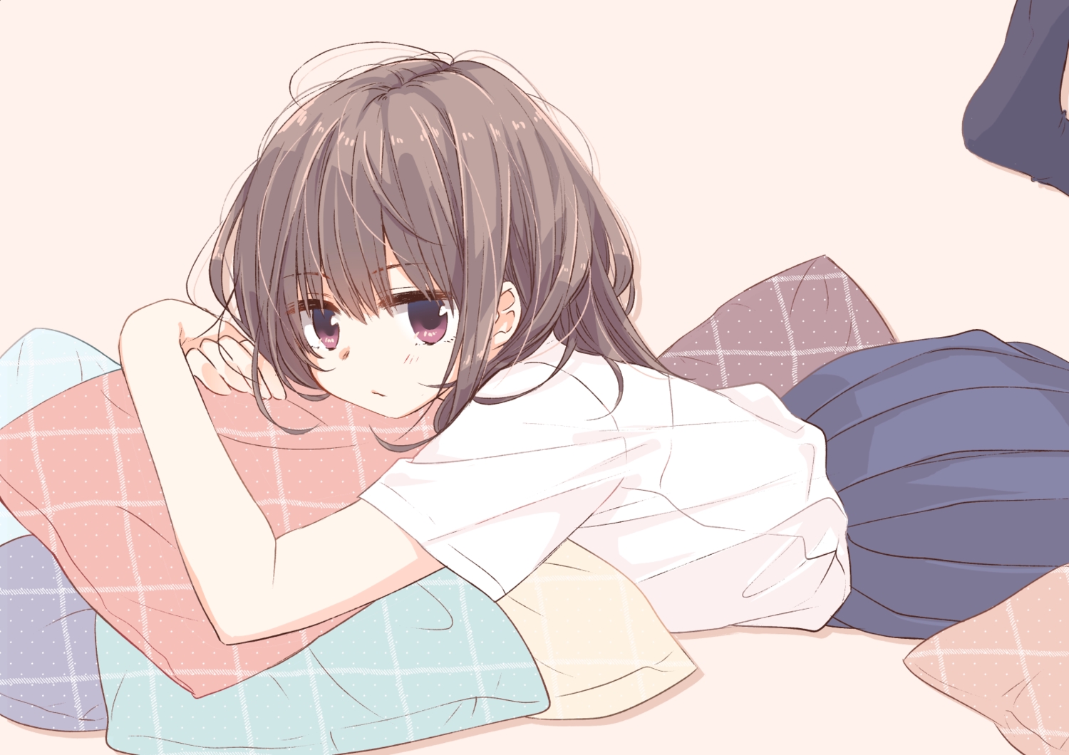 bed, brown_hair, matsuda_hikari, original, purple_eyes, school_uniform