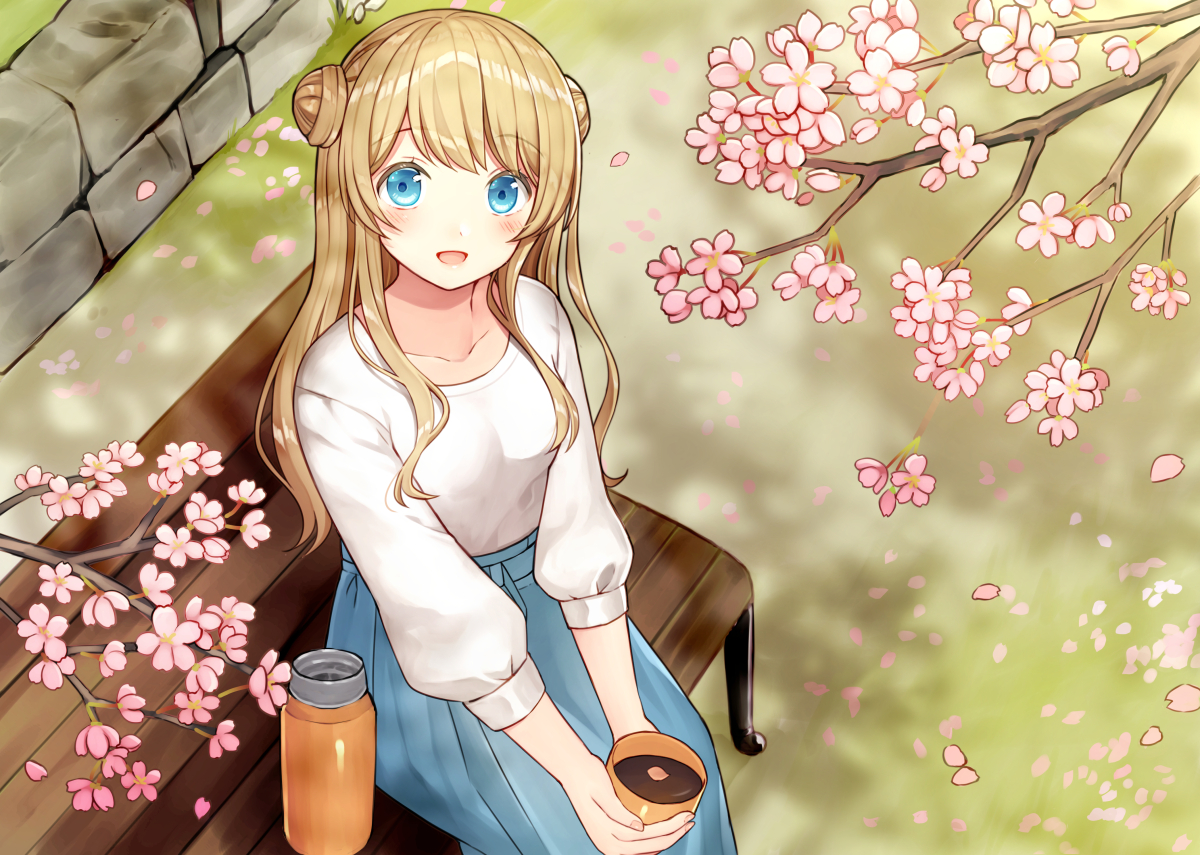 aqua_eyes, blonde_hair, blush, cherry_blossoms, drink, flowers, kurata_rine, long_hair