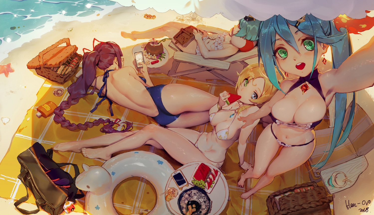 apple, beach, bikini, breasts, cleavage, drink, food, fruit