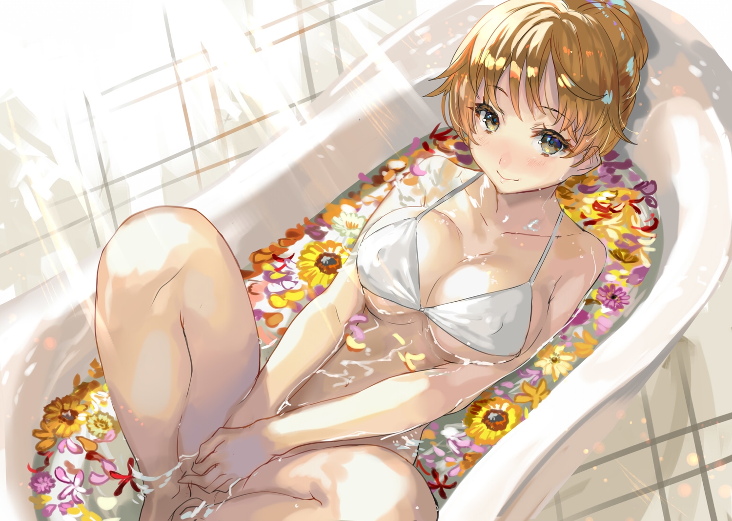 bath, bathtub, bikini_top, blonde_hair, breasts, erect_nipples, flowers, green_eyes