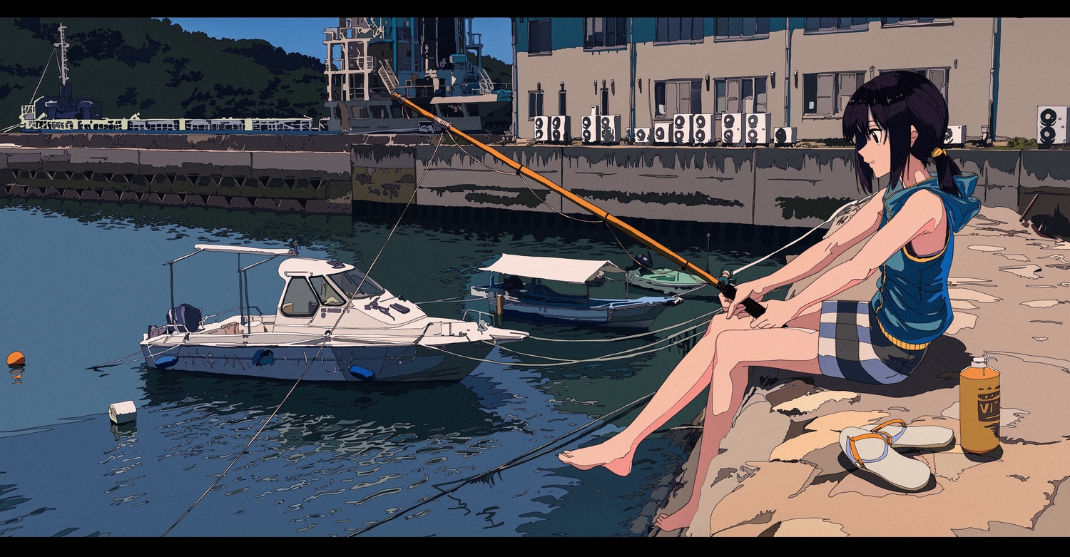 barefoot, boat, building, hood, kogecha_(coge_ch), original, ponytail, scenic, skirt, water