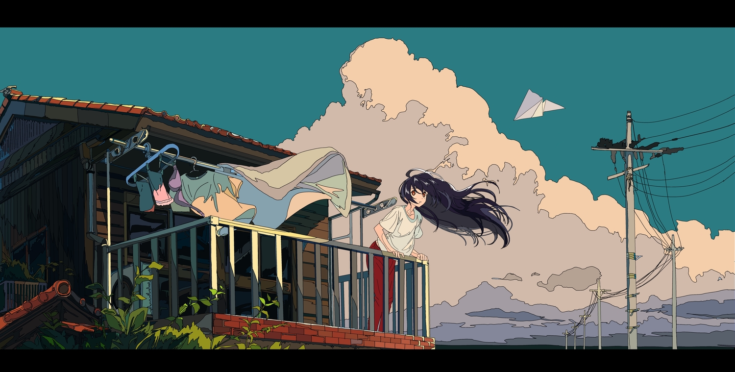 aircraft, black_hair, building, clouds, kogecha_(coge_ch), long_hair, original