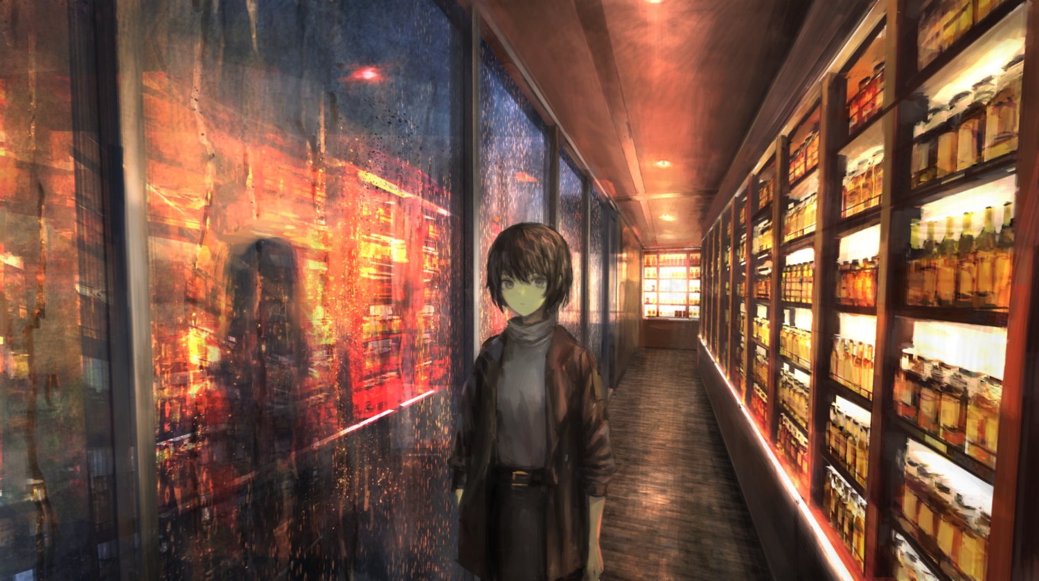 dark, night, original, peke_(shadow105), rain, short_hair, water