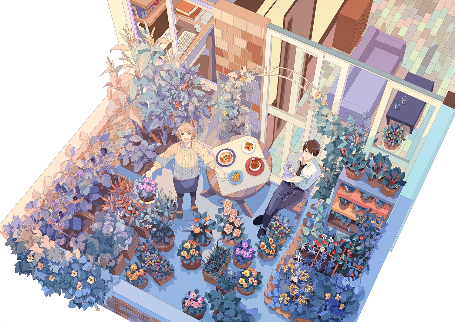 blonde_hair, brown_hair, computer, couch, flowers, food, fruit, male