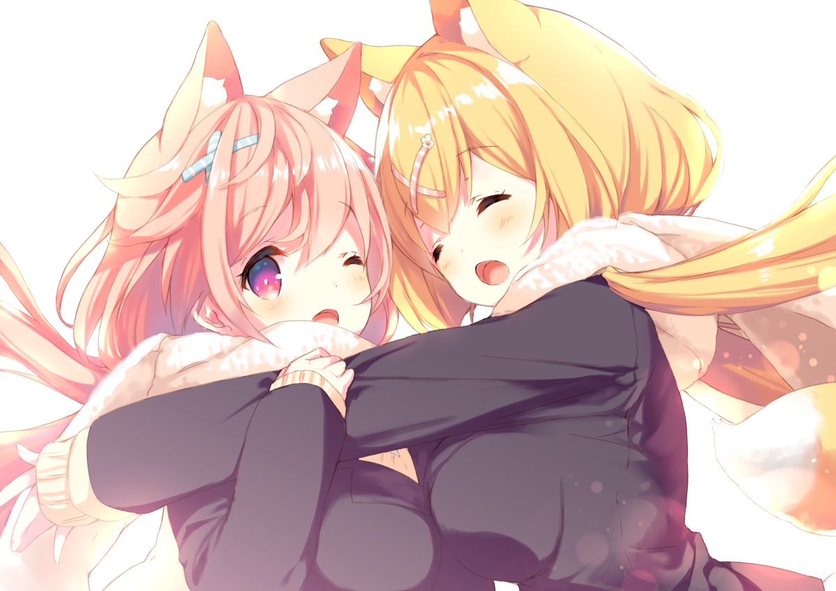 2girls, amamiya_aki, amamiya_mei, animal_ears, blonde_hair, breasts, foxgirl, hug