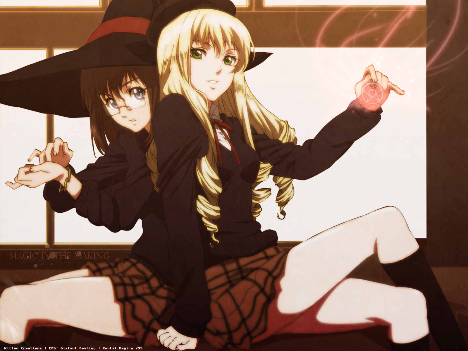 2girls, adilicia_ren_mathers, blonde_hair, blue_eyes, glasses, green_eyes, hat, honami_takase_ambler, long_hair, magic, rental_magica, school_uniform, short_hair, skirt, witch