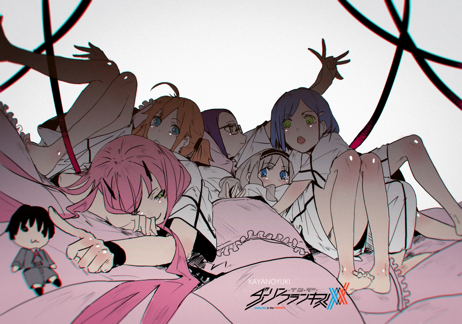 darling_in_the_franxx, doll, group, ichigo_(darling_in_the_franxx), ikuno_(darling_in_the_franxx), kayano_yuki, kokoro_(darling_in_the_franxx), logo