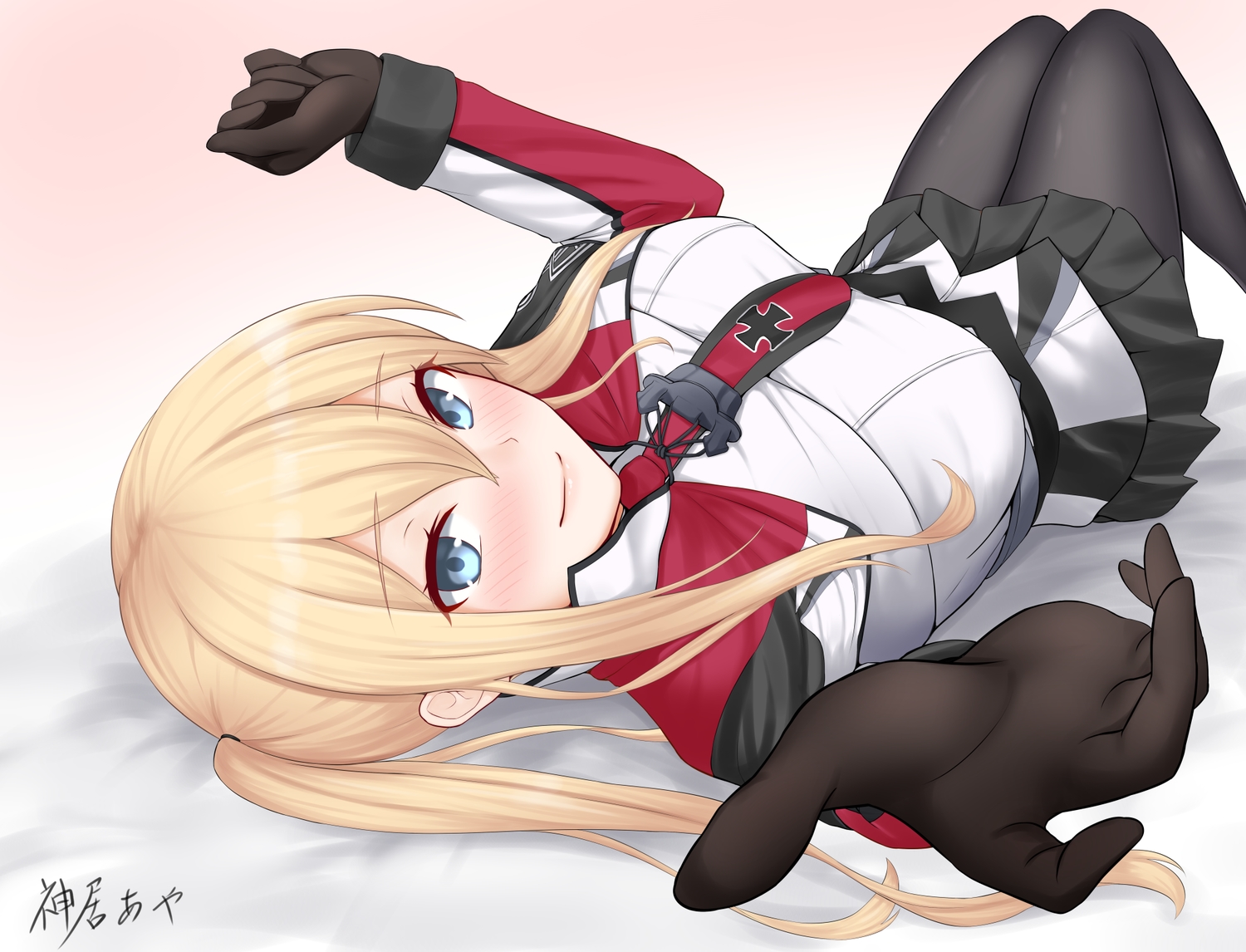 anthropomorphism, blue_eyes, blush, gloves, gradient, graf_zeppelin_(kancolle), kamui_aya, kantai_collection, long_hair, pantyhose, ponytail, skirt, watermark, white