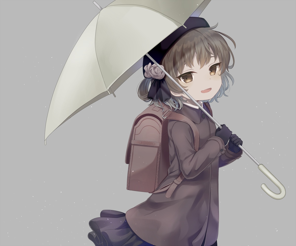 brown_eyes, brown_hair, gloves, gray, hat, hatoba_tsugu, hatoba_tsugu_(channel), komachi_pochi