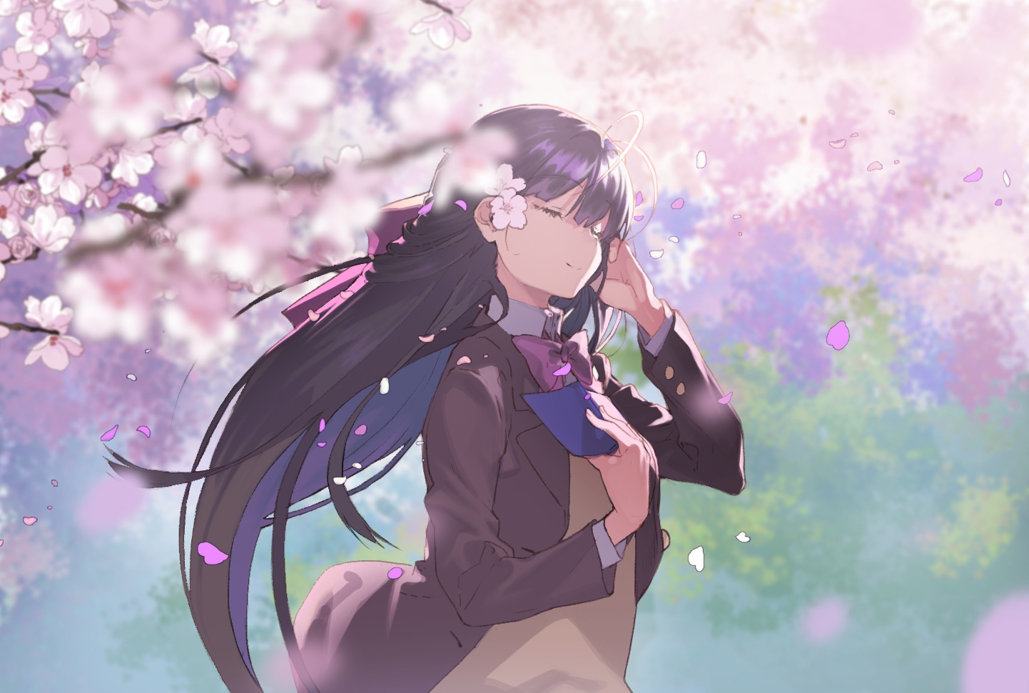 cherry_blossoms, flowers, long_hair, original, petals, school_uniform, uzubilla