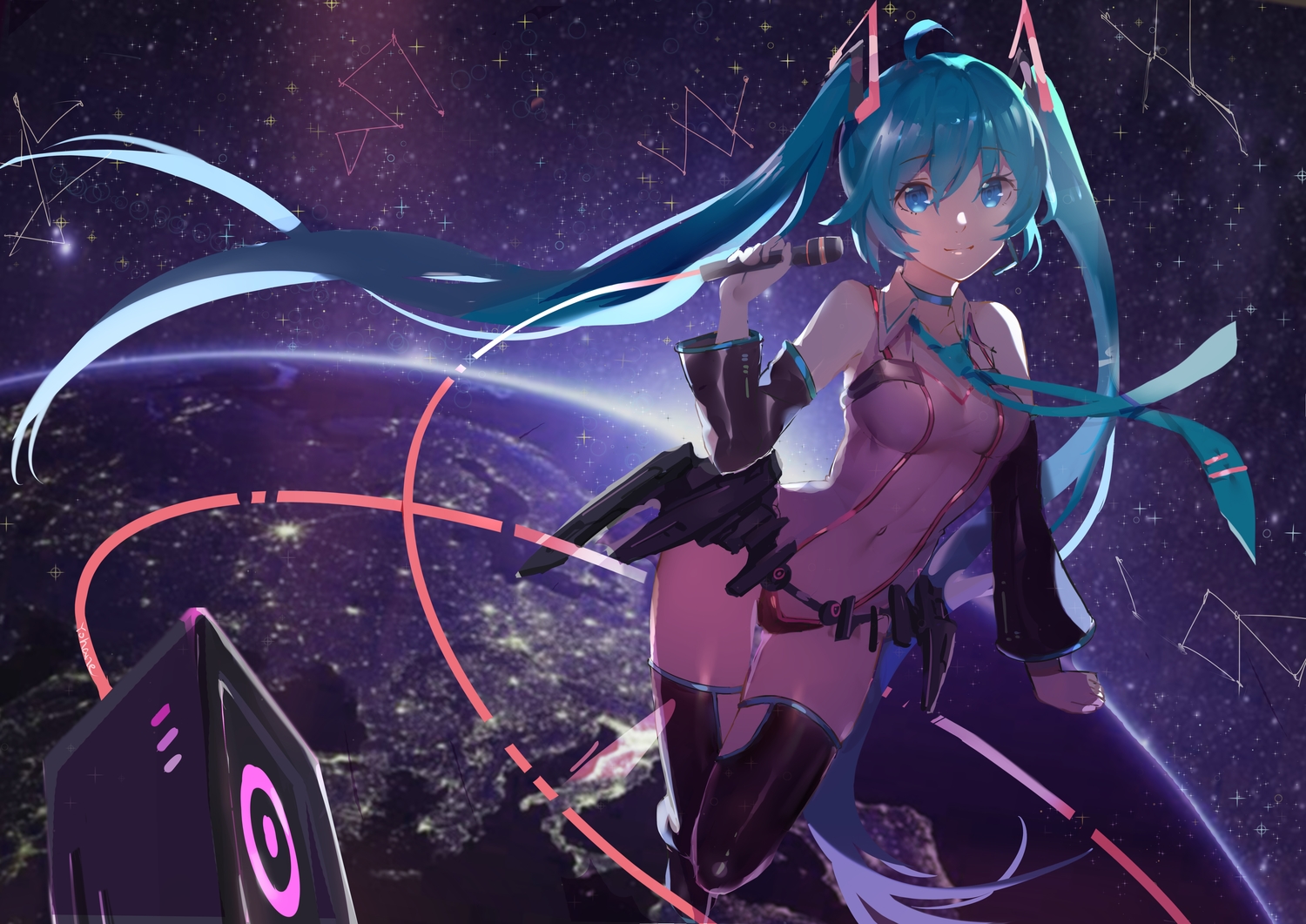 aqua_eyes, aqua_hair, earth, hatsune_miku, long_hair, microphone, navel, planet, r.r_(yohanee), signed, space, stars, thighhighs, tie, twintails, vocaloid