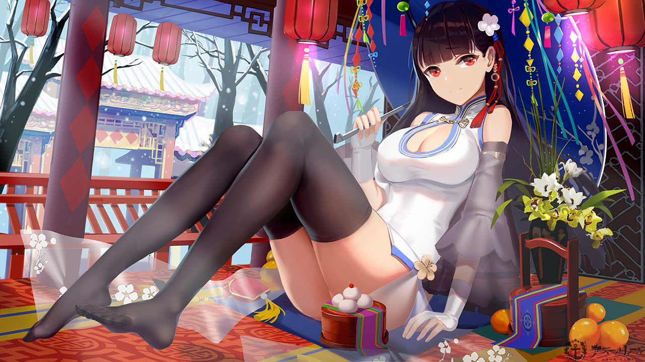 anthropomorphism, azur_lane, building, chinese_clothes, chinese_dress, dress, flowers, food