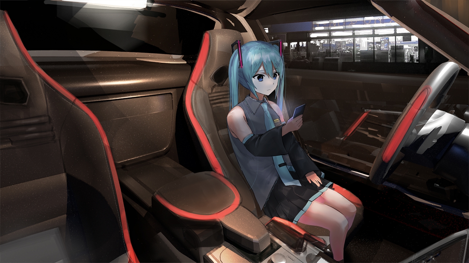 aqua_hair, blue_eyes, car, dark, geisha-geisha-, hatsune_miku, long_hair, night, phone, skirt, tie, twintails, vocaloid