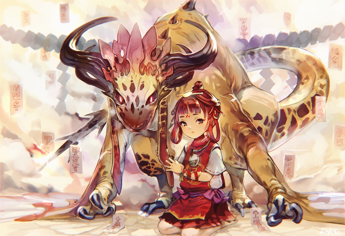 brown_eyes, dragon, loli, necklace, nightmare-kck, ofuda, original, red_hair, short_hair