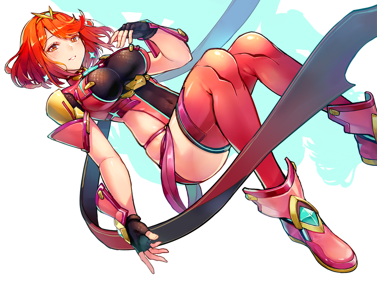 bodysuit, boots, breasts, evers, gloves, homura_(xenoblade), navel, orange_eyes, red_hair, short_hair, thighhighs, white, xenoblade