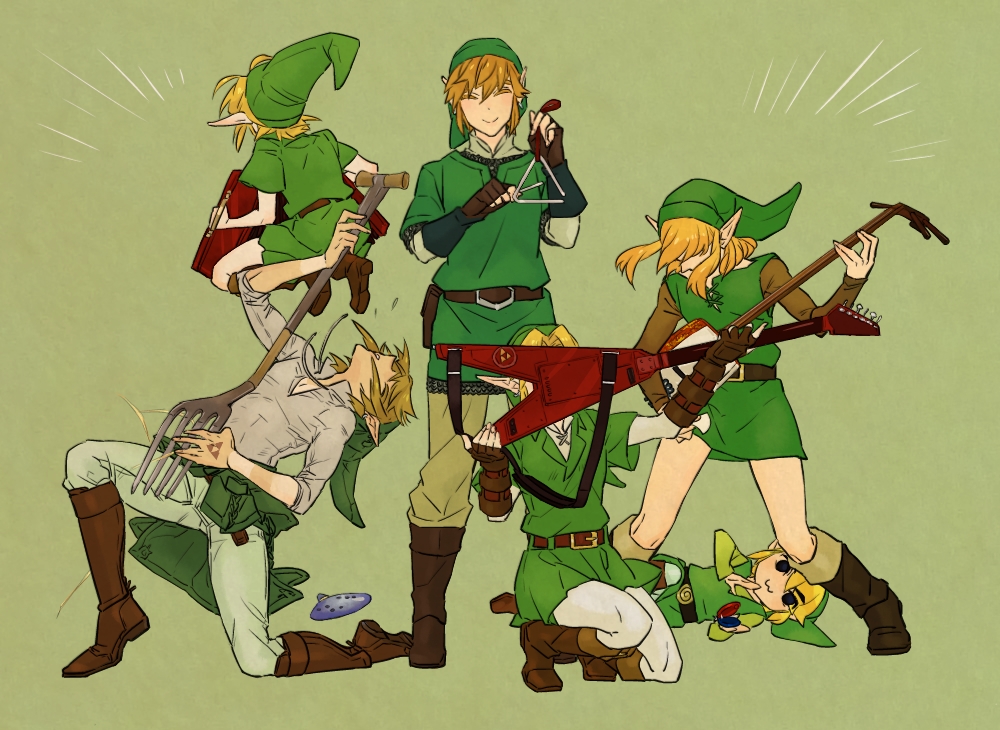 all_male, blonde_hair, boots, green, guitar, hat, instrument, link_(zelda)