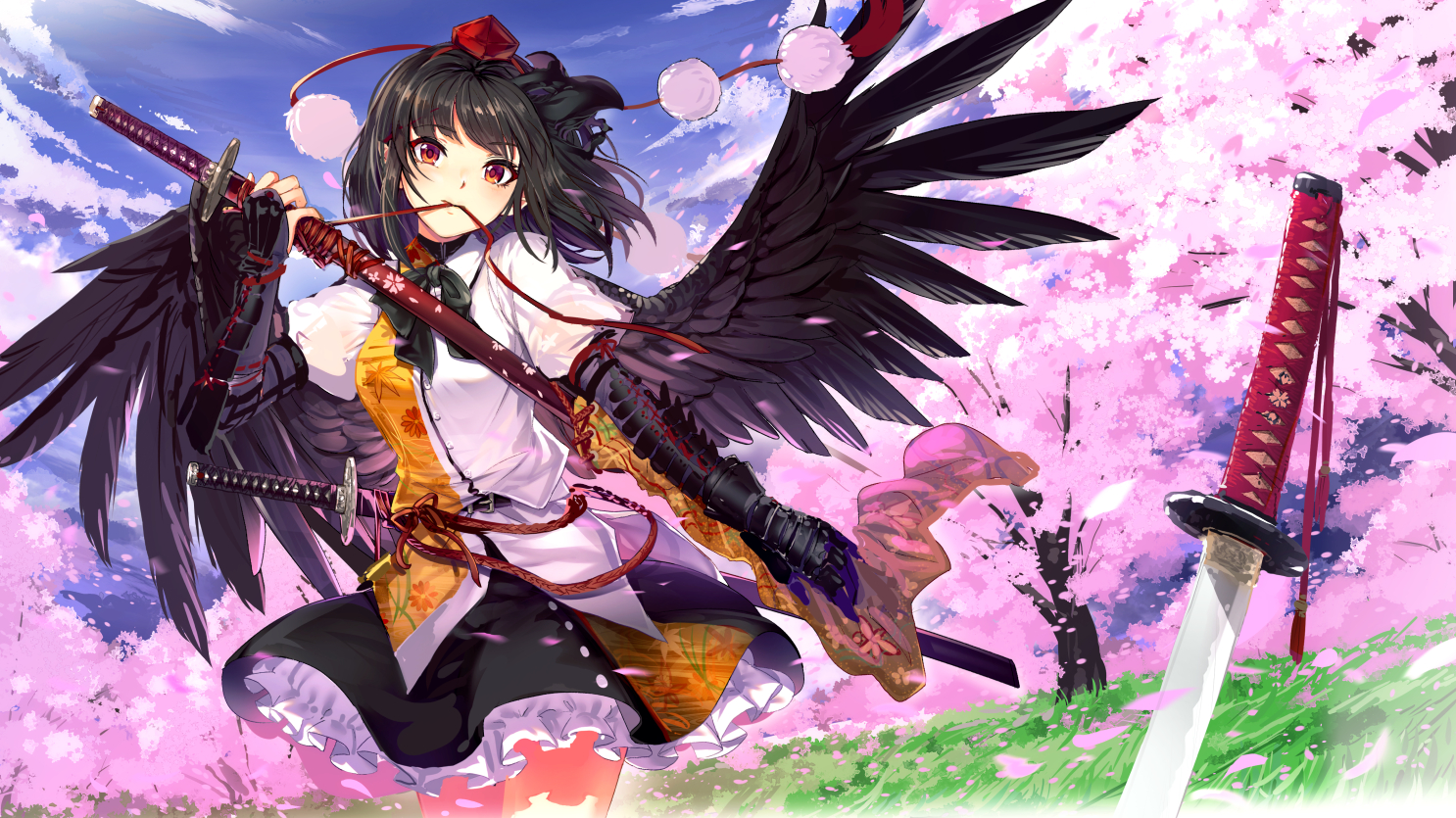 black_hair, brown_eyes, cherry_blossoms, cibo_(killy), clouds, flowers, katana, long_hair