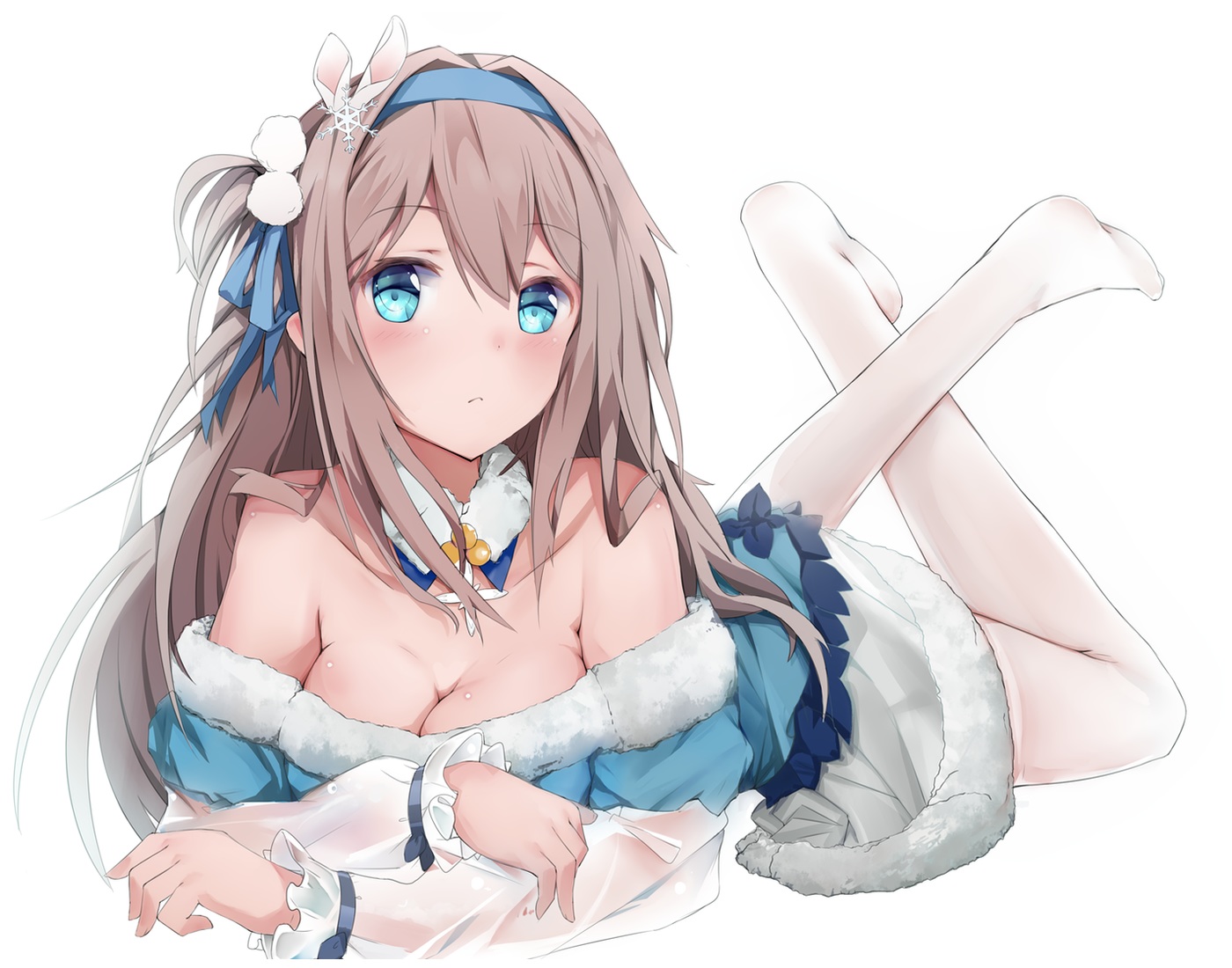 anthropomorphism, aqua_eyes, blush, breasts, brown_hair, cleavage, girls_frontline, headband, long_hair, marcellokito!, ribbons, suomi_(girls_frontline)