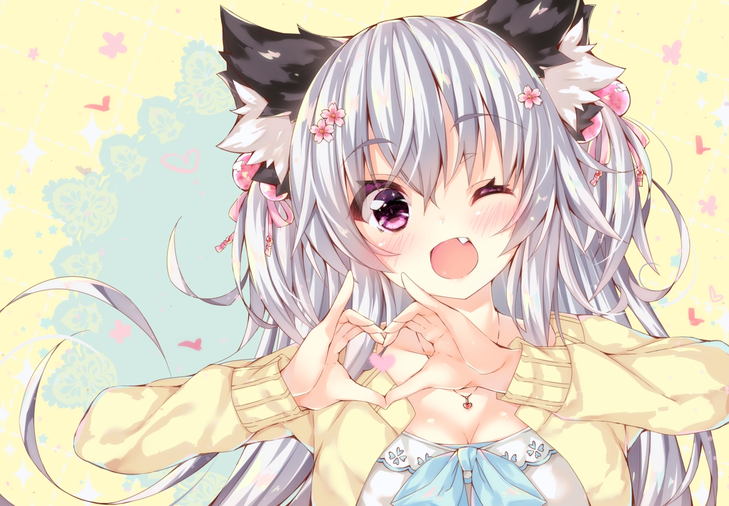 animal_ears, breasts, catgirl, cleavage, fang, gray_hair, long_hair, necklace
