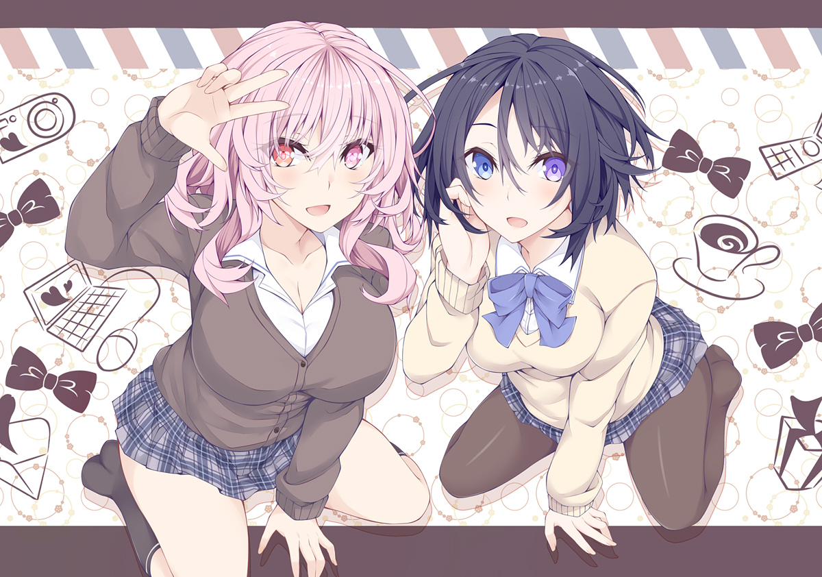 2girls, bicolored_eyes, black_hair, bow, breasts, cleavage, kneehighs, long_hair