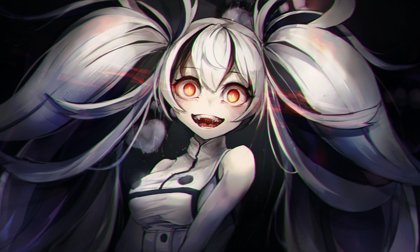 anthropomorphism, escort_water_hime, fang, kajaneko, kantai_collection, long_hair, red_eyes, twintails
