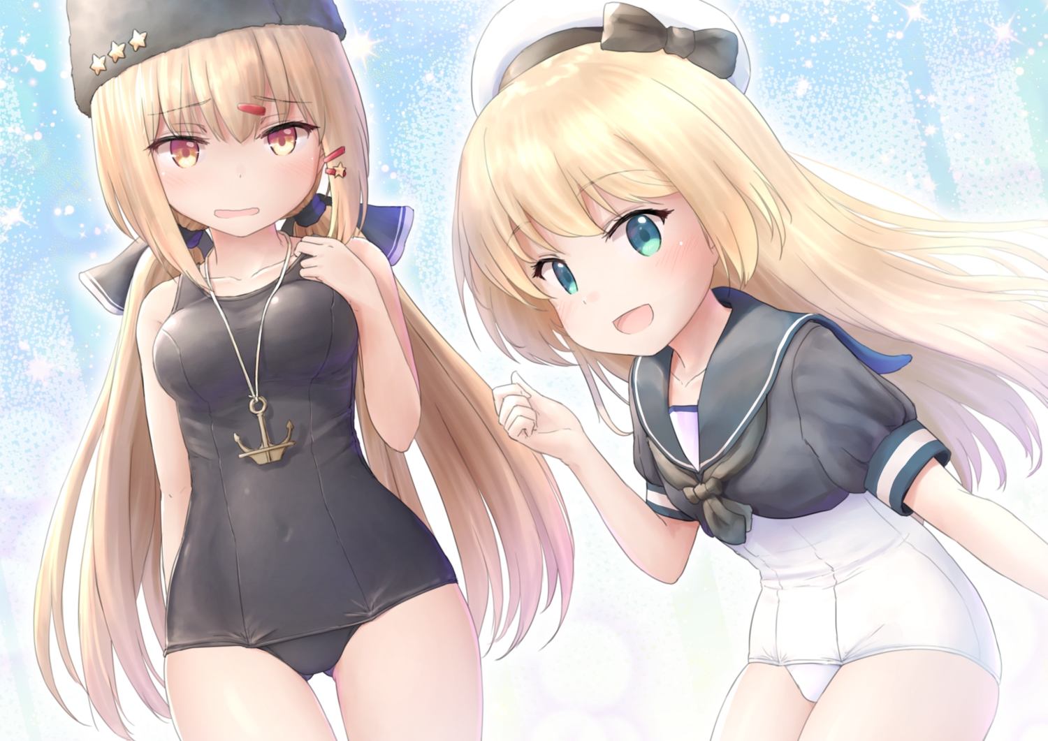 2girls, anthropomorphism, blonde_hair, flat_chest, green_eyes, hat, jervis_(kancolle), kantai_collection