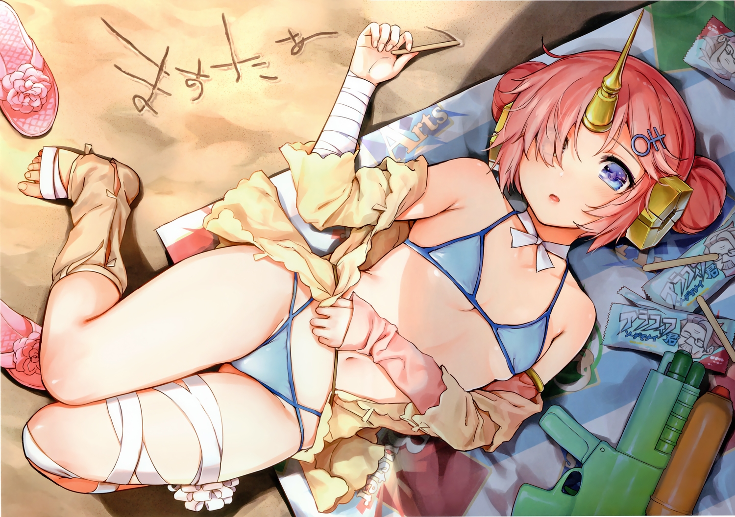 aqua_eyes, bandage, bikini, choker, fate/grand_order, fate_(series), frankenstein, horns