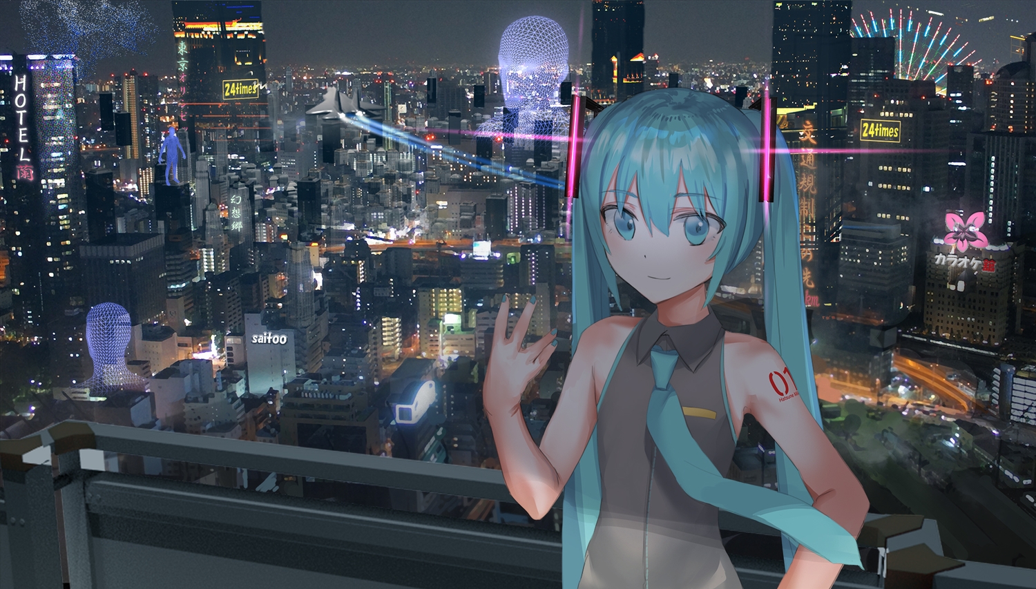 aqua_eyes, aqua_hair, building, city, geisha-geisha-, hatsune_miku, long_hair, scenic, tattoo, tie, twintails, vocaloid