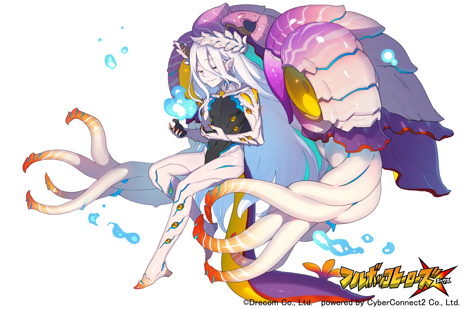 fullbokko_heroes, headdress, logo, long_hair, nagisa_kurousagi, pointed_ears, tentacles, white