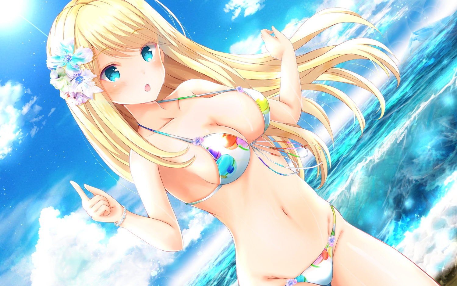 aqua_eyes, bikini, blonde_hair, blush, breasts, chloe_lemaire, cleavage, clouds