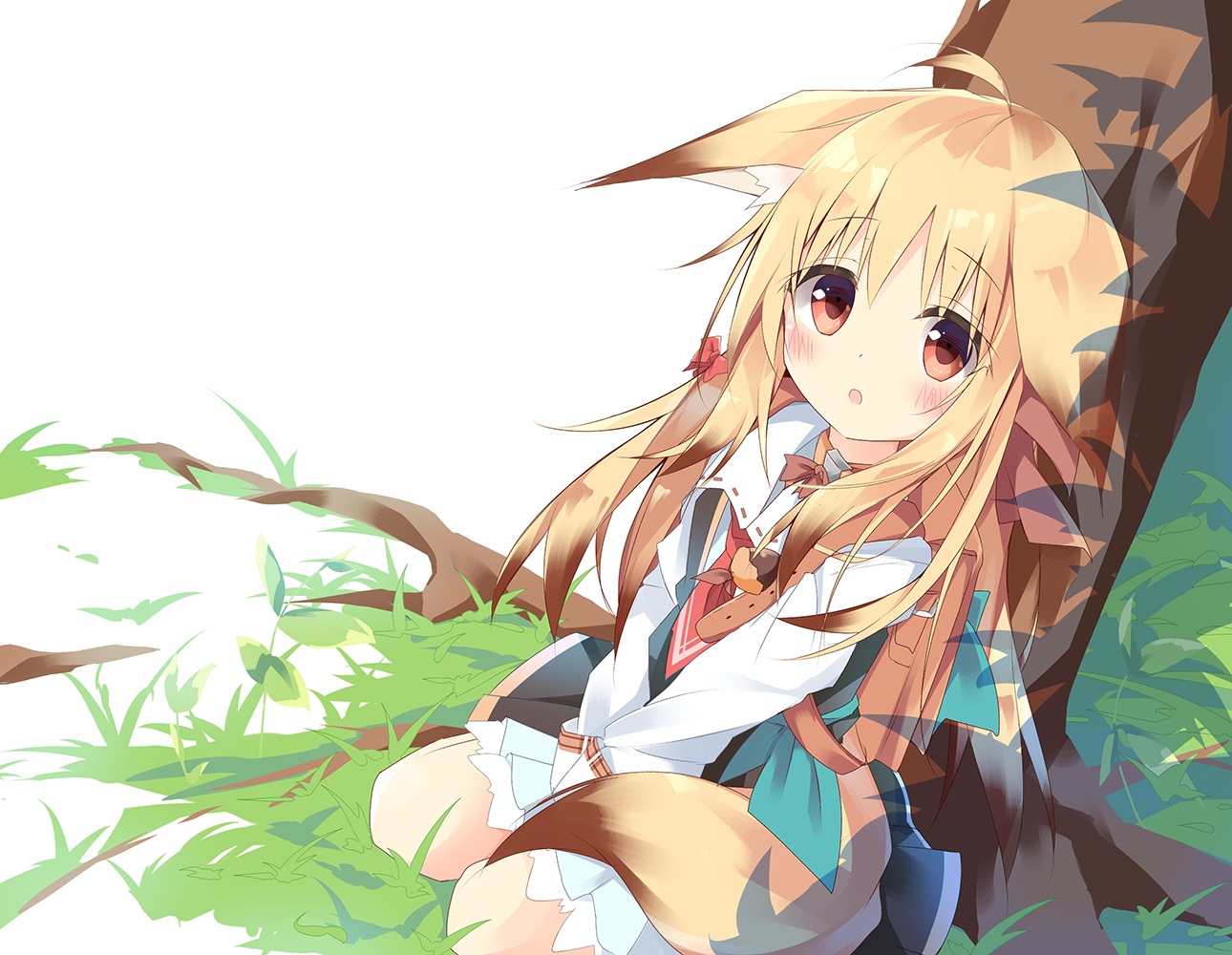 animal_ears, blonde_hair, blush, dress, foxgirl, grass, kushida_you, loli