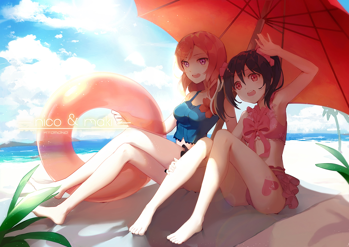 2girls, barefoot, beach, black_hair, bow, clouds, flowers, kyomono_(hjxop), love_live!_school_idol_project, nishikino_maki, orange_hair, purple_eyes, red_eyes, sky, swim_ring, twintails, umbrella, watermark, yazawa_nico