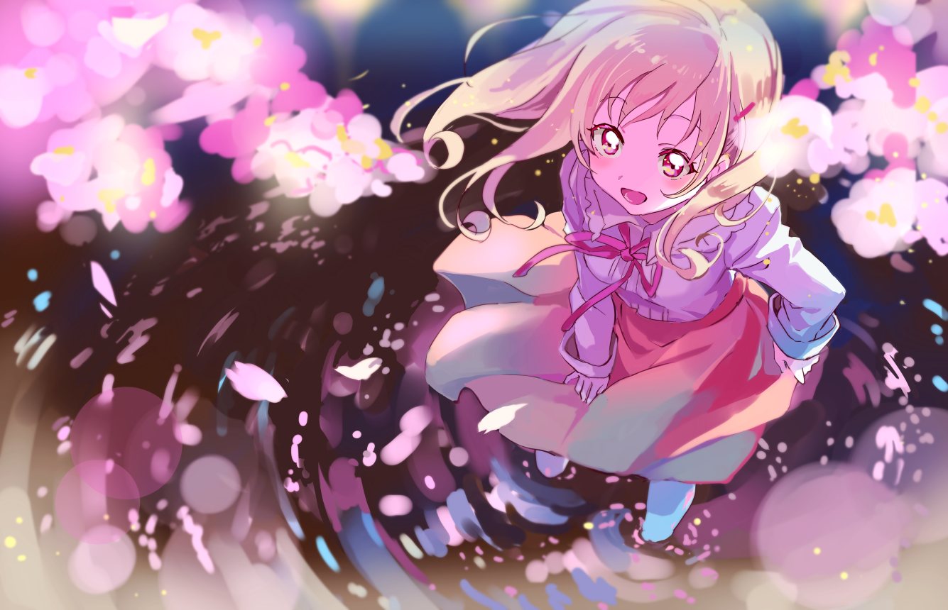 blonde_hair, flowers, long_hair, original, petals, red_eyes, sakuro, skirt