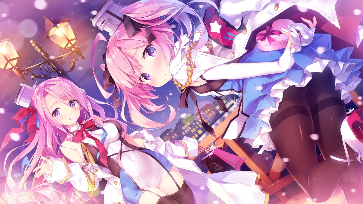2girls, anthropomorphism, azur_lane, blush, bow, breasts, building, dress