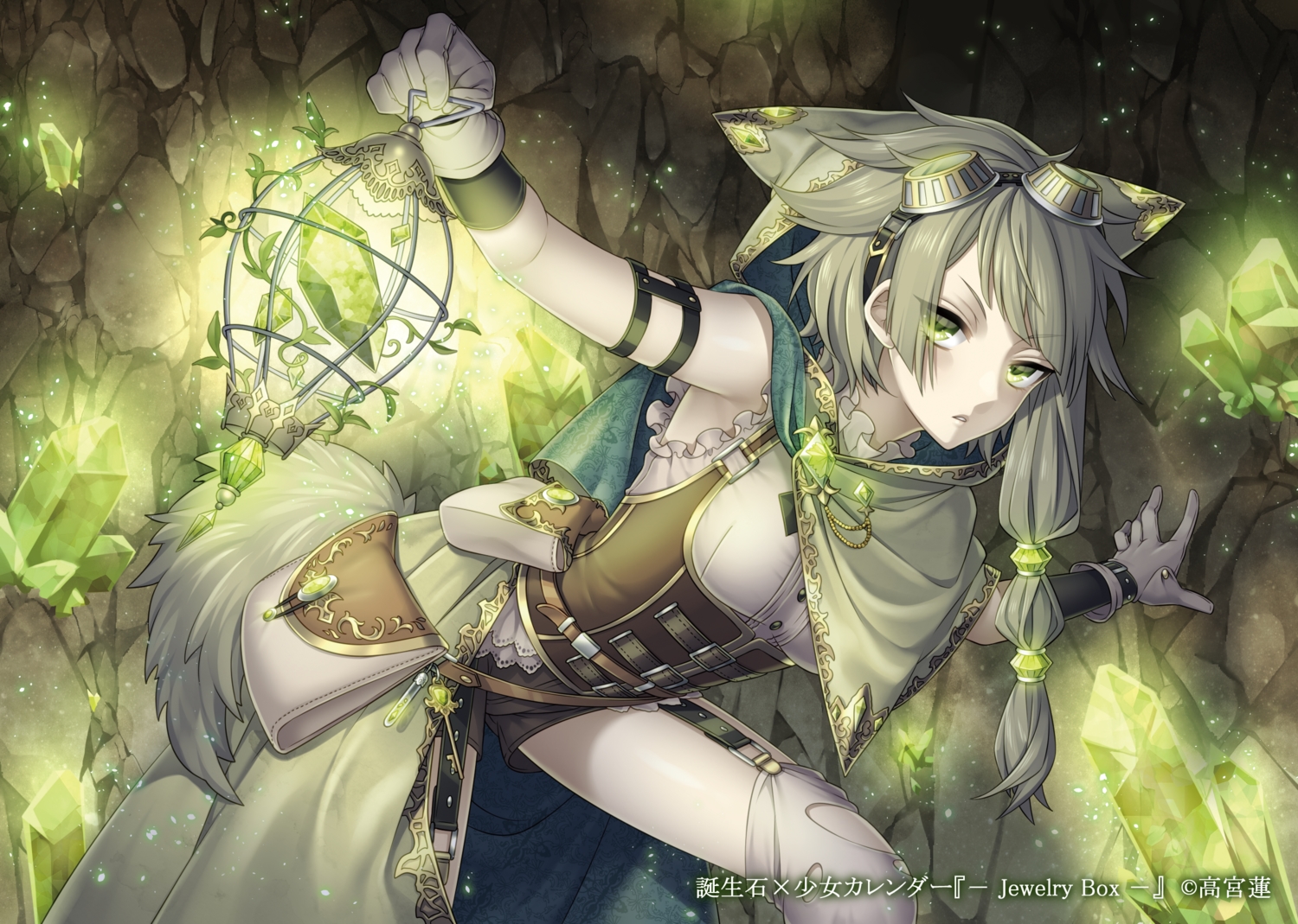 animal_ears, cape, gloves, goggles, gray_hair, green, green_eyes, original