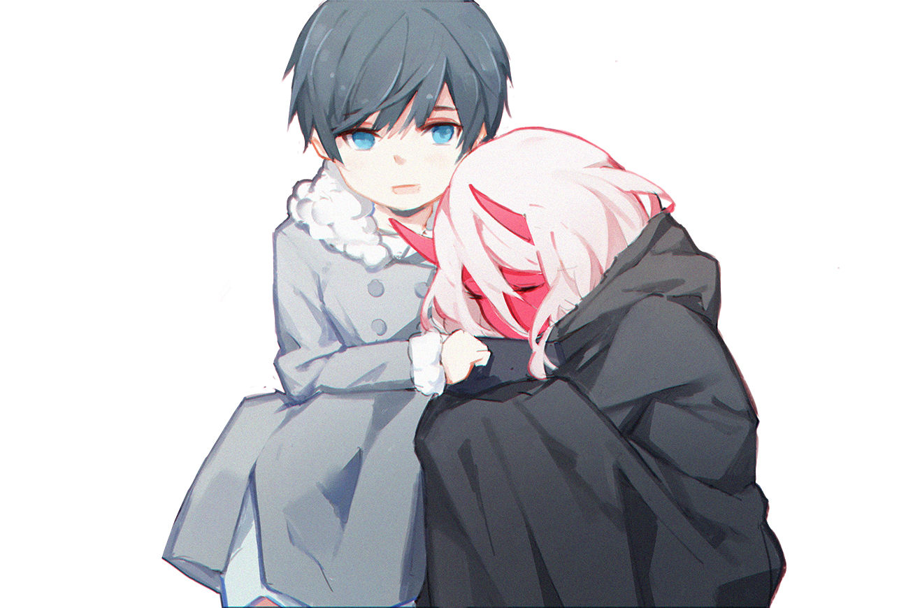 aqua_eyes, black_hair, darling_in_the_franxx, hiro_(darling_in_the_franxx), horns, loli, luozhou_pile, male, pink_hair, short_hair, white, zero_two